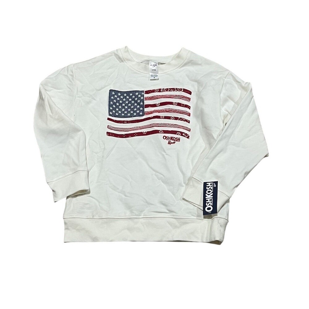 OshKosh B'gosh Boys Sweatshirt Size 7 White American Flag Crewneck